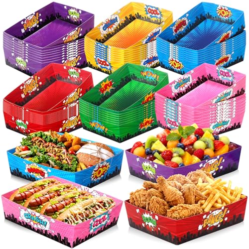 Sliner 48 Pcs Hero Theme Birthday Party Supplies 5Lb Large Food Trays Party Favors Food Boats Snack Paper Trays for Birthday Decorations (Unisex)