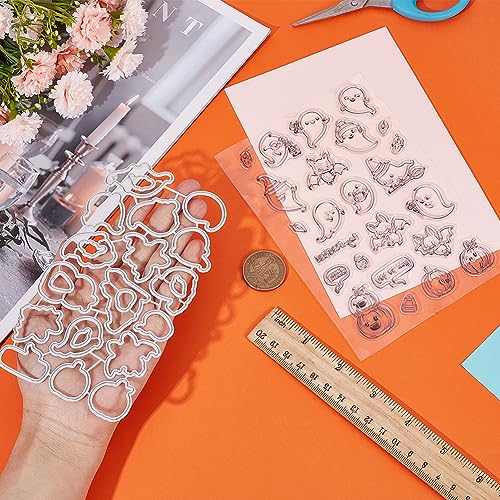 CRASPIRE Halloween Theme Clear Rubber Stamp and Metal Cutting Die Set Ghost Pumpkin Bat Transparent Silicone Stamps Carbon Steel Cuts Stencil for Card Making Journaling DIY Scrapbooking Handmade Photo - Image 3