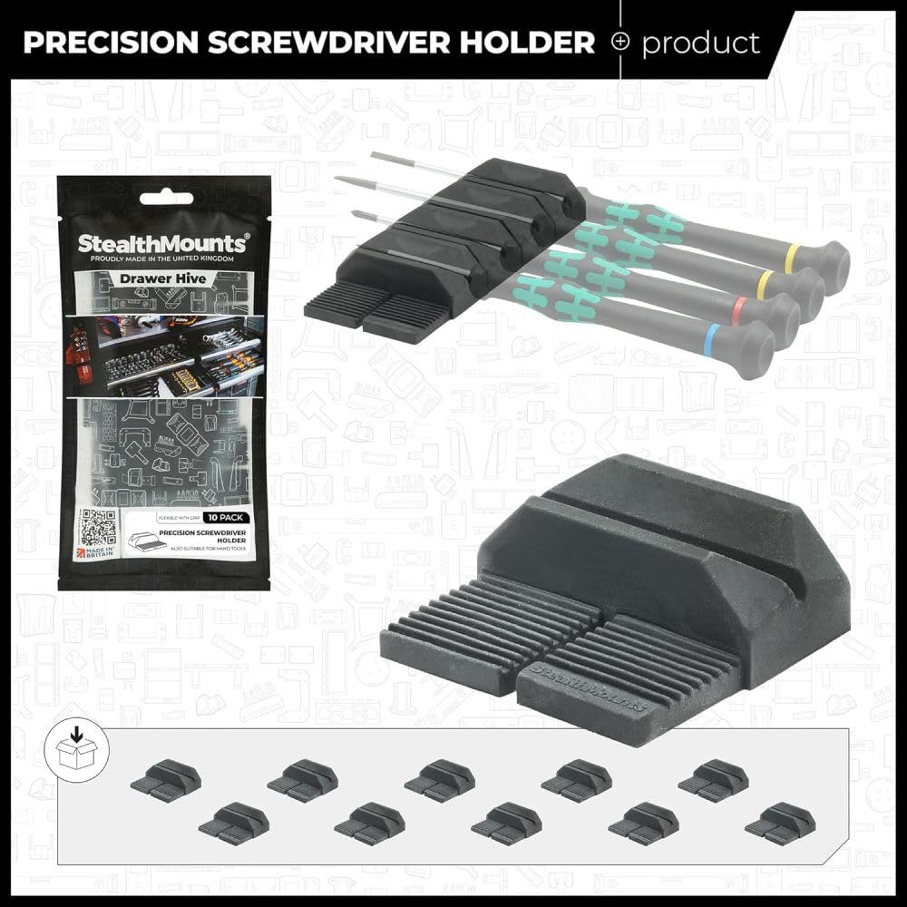 StealthMounts Drawer Hive Lot de 10 Porte-Tournevis de précision | Organisateurs modulaires pour mécaniciens Professionnels et bricoleurs | TPE moulé par Injection | Fabriqué au Royaume-Uni