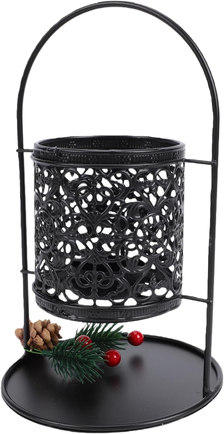Yosoo Vintage Iron Lantern Candle Holder Cutout Design Handheld Camping Decor for Indoor Outdoor Romantic Atmosphere (Black) image 2