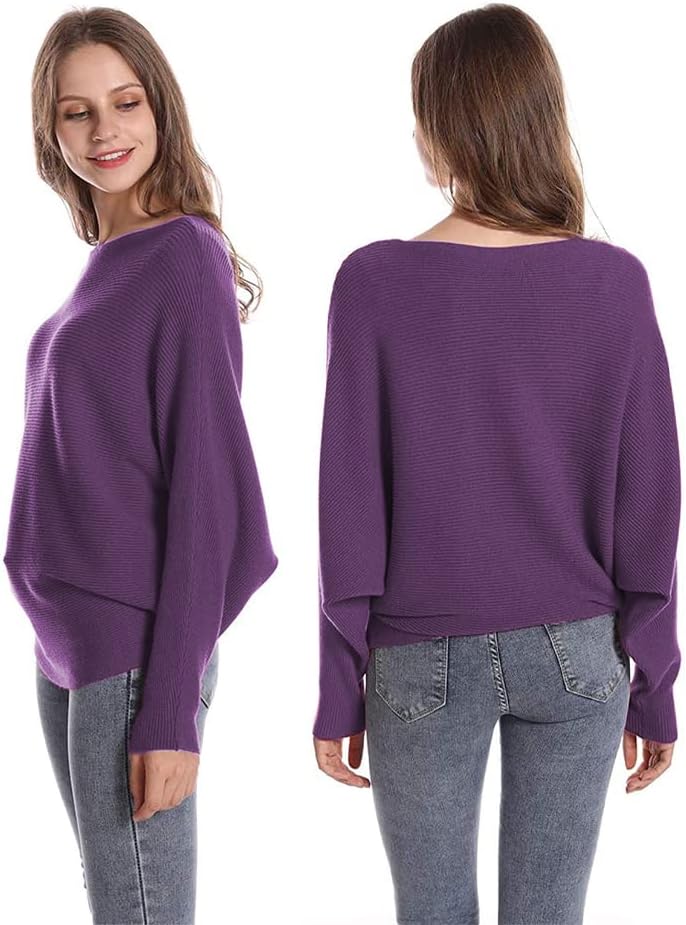 FULIER Women Oversized Boat Neck Batwing Sleeves Dolman Knitted Sweaters Lightweight Pullovers Tops One Size - Image 4