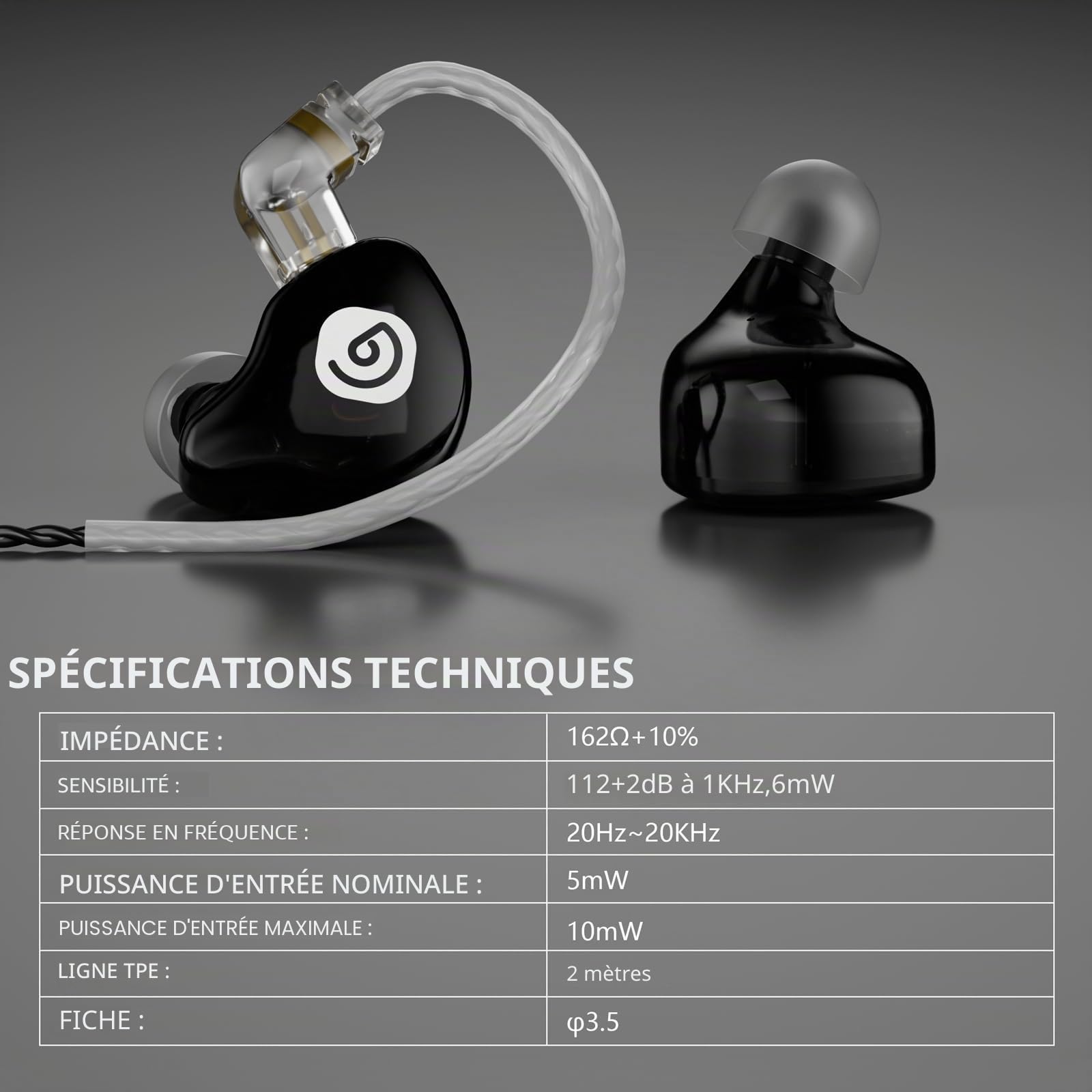 D Debra IE-210 Écouteurs IEM Hi-FI à Faible Distorsion pour Musicien, Câble Détachable 2 Broches, Isolation Phonique Passive pour Scène et Studio