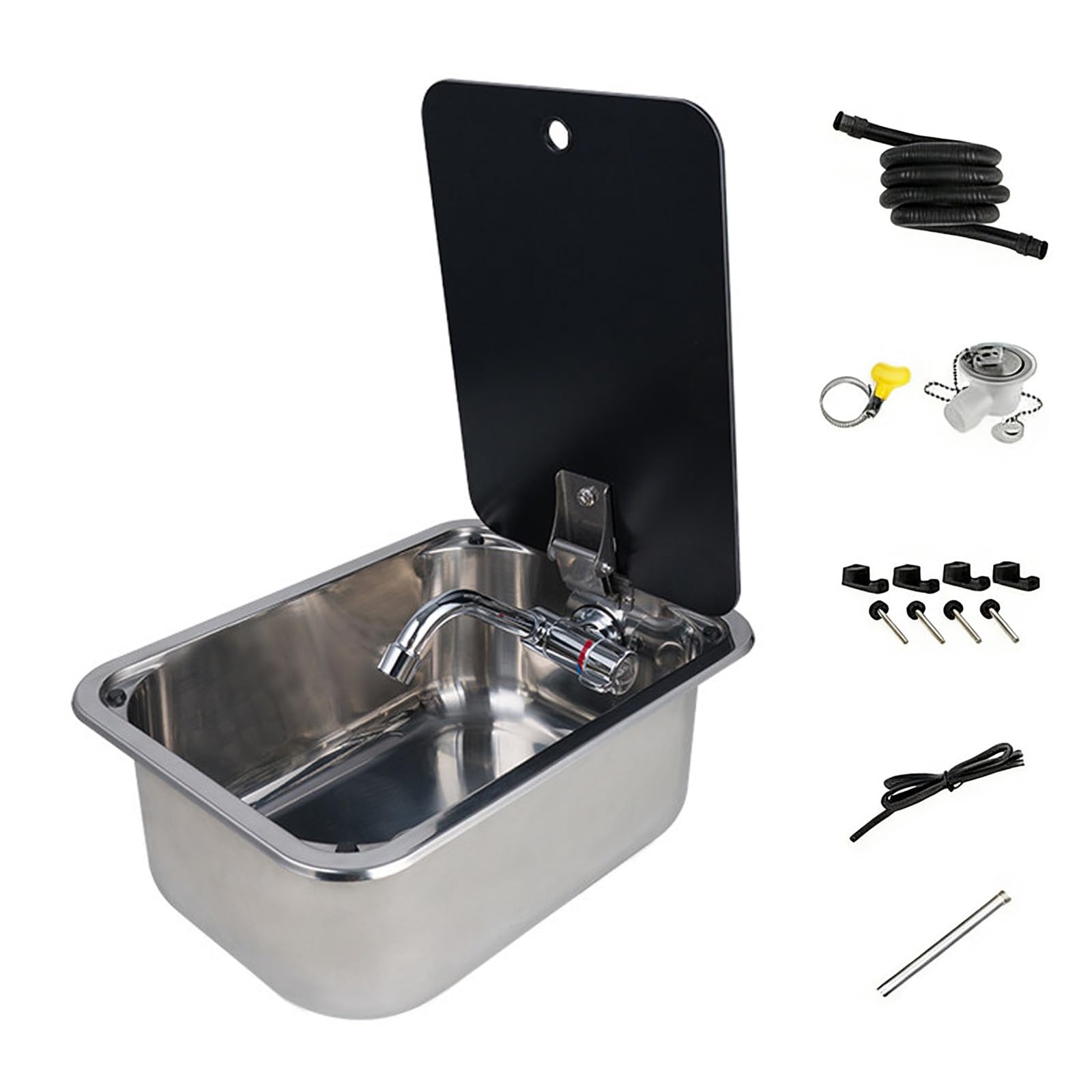 RV Sink Cafe Bar Kitchen Sink with Folded Faucet Tempered Glass Lid, Stainless Steel Single Bowl Wash Basin for Camper Trailer Caravan