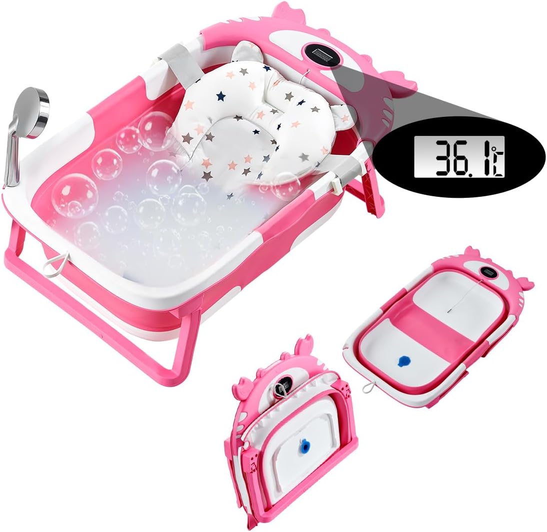 VEVOR Baby Bathtub, 5 Gal Capacity, Collapsible Baby Bath Tub with Thermometer and Soft Cushion, Durable & Portable Pink Bathtub with Showerhead Holder & Drainage Hole, Fit for 0-24 Months Toddlers