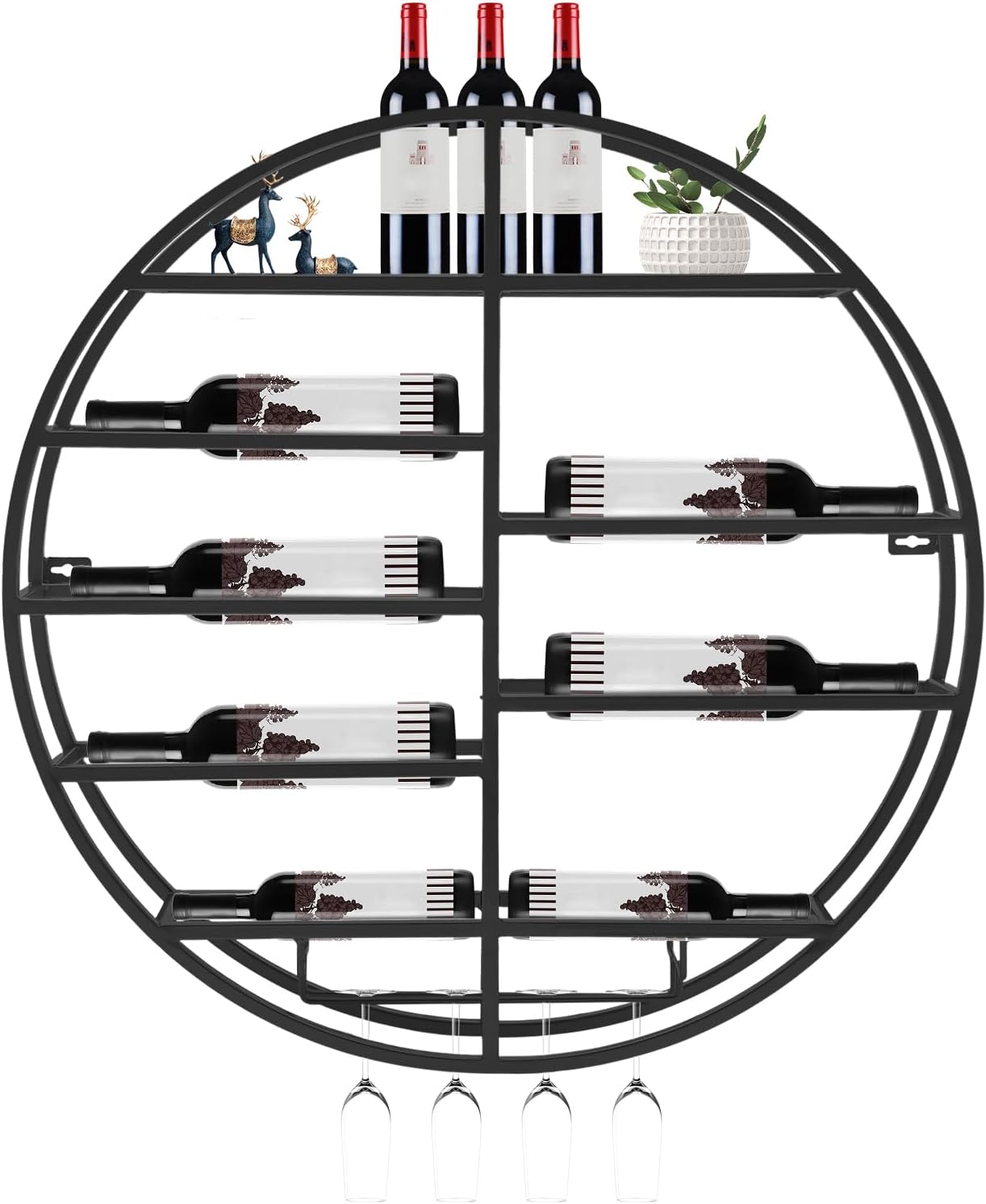 Round Wall Mounted Wine Rack 23.6Inch Metal Wine Display Rack Wine Glass Goblet Holder Bottle Holder for Bar Wine Cellar Kitchen Storage Display (Black)