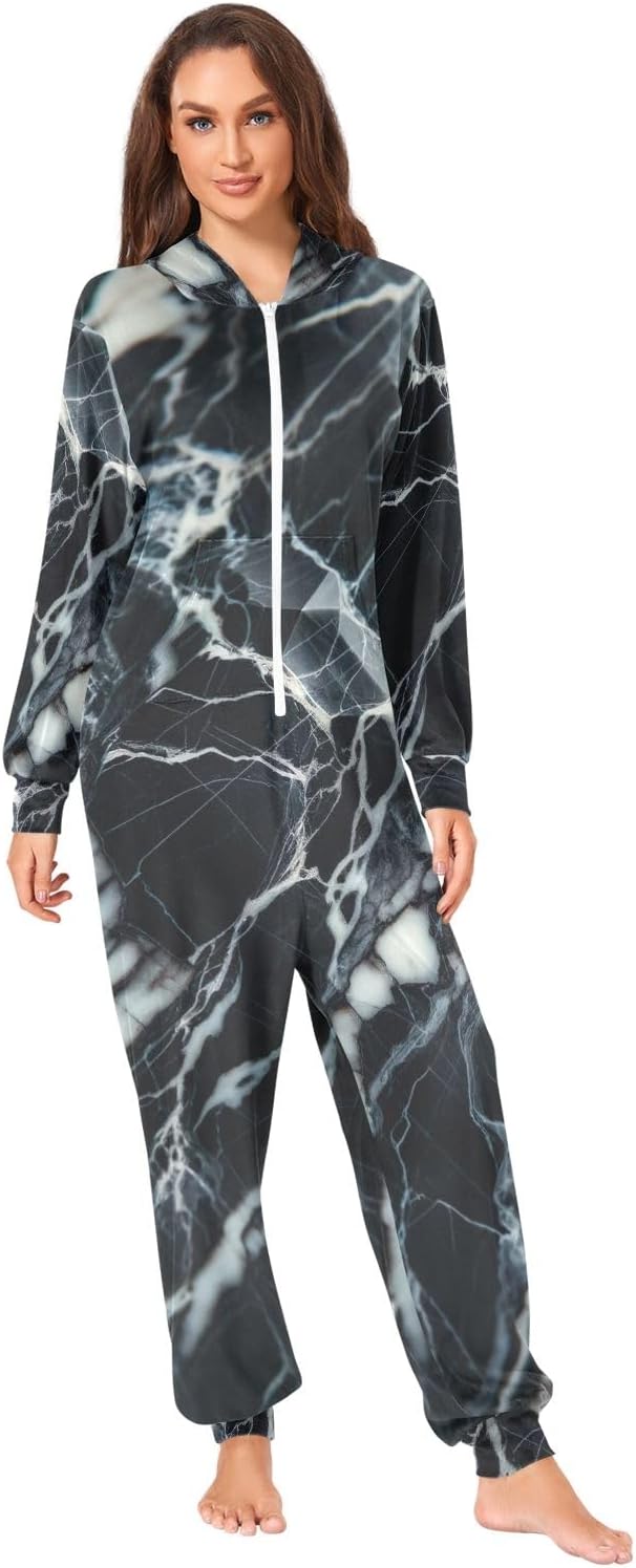 GAIREG Black Golden Marble Texture Adult Onesie Pajamas Soft Hooded One Piece Loungewear for Men Women