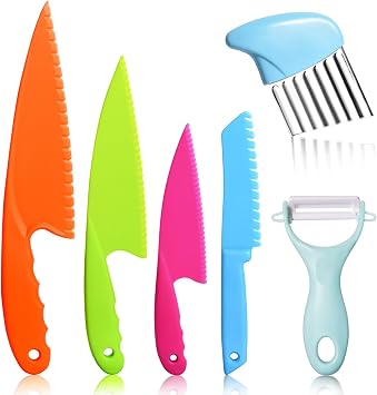 6Pcs Kids Plastic Knives Set with Slicing Knife & Paring Knife - Child Safety Kitchen Knives in 4 Sizes for Vegetables, Fruits, and Salad BPA-Free, Non-Slip Handle