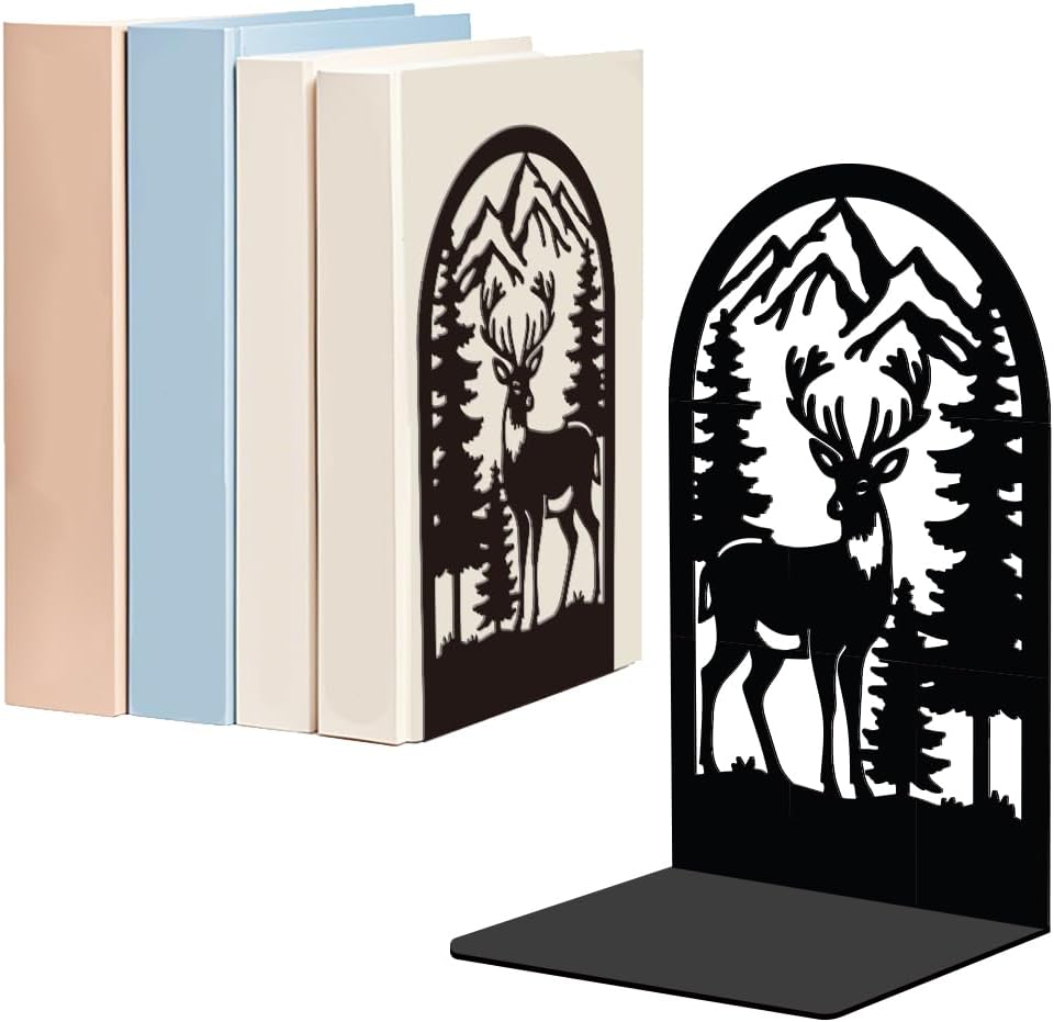 WADORN 1 Pair Forest Deer Metal Bookends for Shelves Decorative, Rustic Mountain Forest Heavy Duty Metal Decorative Book Ends Non-Skid Black L-Shaped Book Stopper for Library Home, 5.3x4.3x7.9 Inch