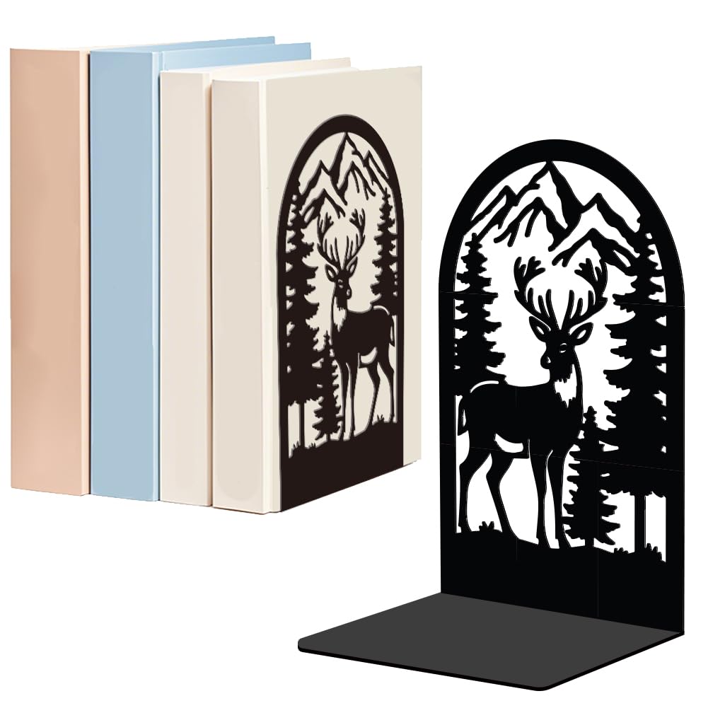 WADORN 1 Pair Forest Deer Metal Bookends for Shelves Decorative, Rustic Mountain Forest Heavy Duty Metal Decorative Book Ends Non-Skid Black L-Shaped Book Stopper for Library Home, 5.3x4.3x7.9 Inch — image 1