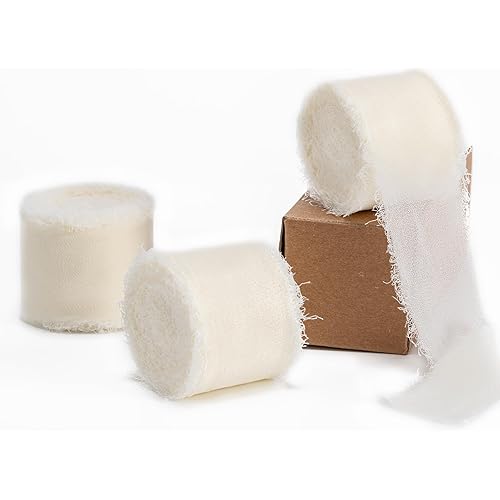 Ivory Handmade Chiffon Ribbon,1.5Inch x 3 Rolls Total 24 Yards Ivory Fringe Chiffon Silk Ribbon,for Wrapping Wedding Invitations,Bridal Bouquets,DIY Crafts,Home Decor and More