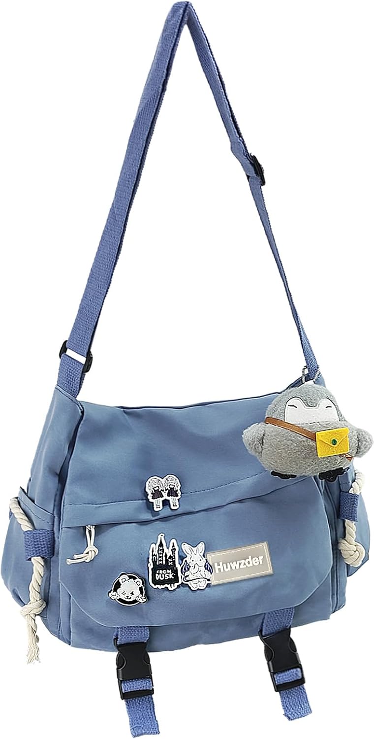 Nylon Messenger Bag Kawaii Crossbody Bag with Cute Pins Aesthetic Shoulder Bag for Women and Men
