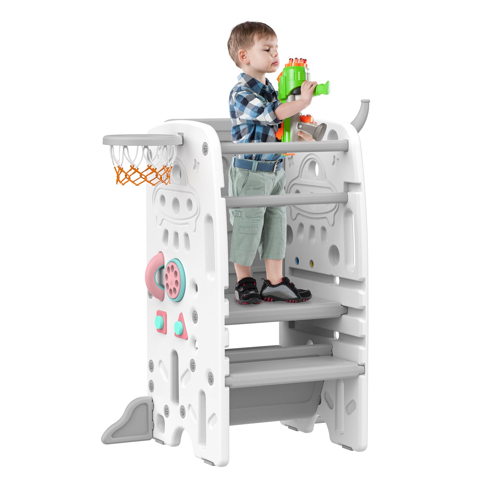 Gupamiga Torre de Aprendizaje Montessori para Infantil, Antivuelco, Regulable en Altura, Peldaños Antideslizantes, con Funciones de Entretenimiento como Pintar, Baloncesto o Lanzamiento de Aros SST-02