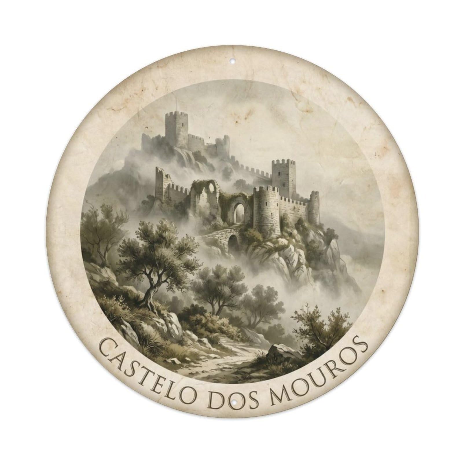 Vintage Travel Moorish Castle Sintra Portugal Metal Tin Sign Plaque Wall Decor for Cafe, Club Bar, Office, Home Garden Round Metal Poster 8x8Inch