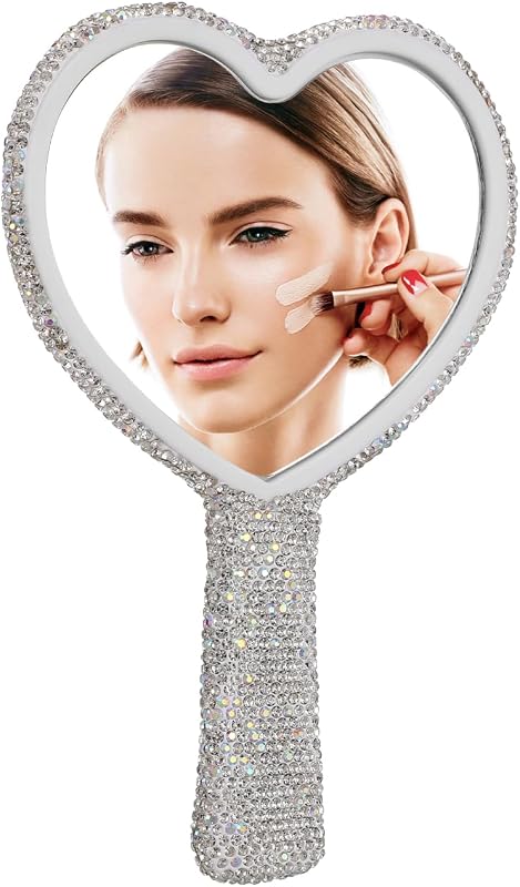 Espelho de mão Baluue em formato de coração com strass, branco