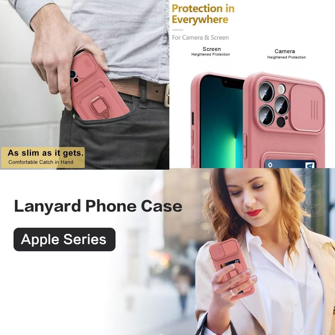 Funda Compatible con Xiaomi Redmi Note 13 4G,Cuello Cordón Carcasa Silicona Suave,Ranura con Tarjetas,Carcasa Cubierta cámara Deslizante Proteger, Anillo Soporte (Pink) — view 5