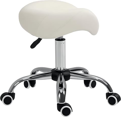 HOMCOM Taburete con Ruedas Taburete Giratorio Cosmético con Altura Ajustable Asiento Acolchado y Amplio Dentista Peluquería Carga 120 kg 52x53x49-61 cm Blanco