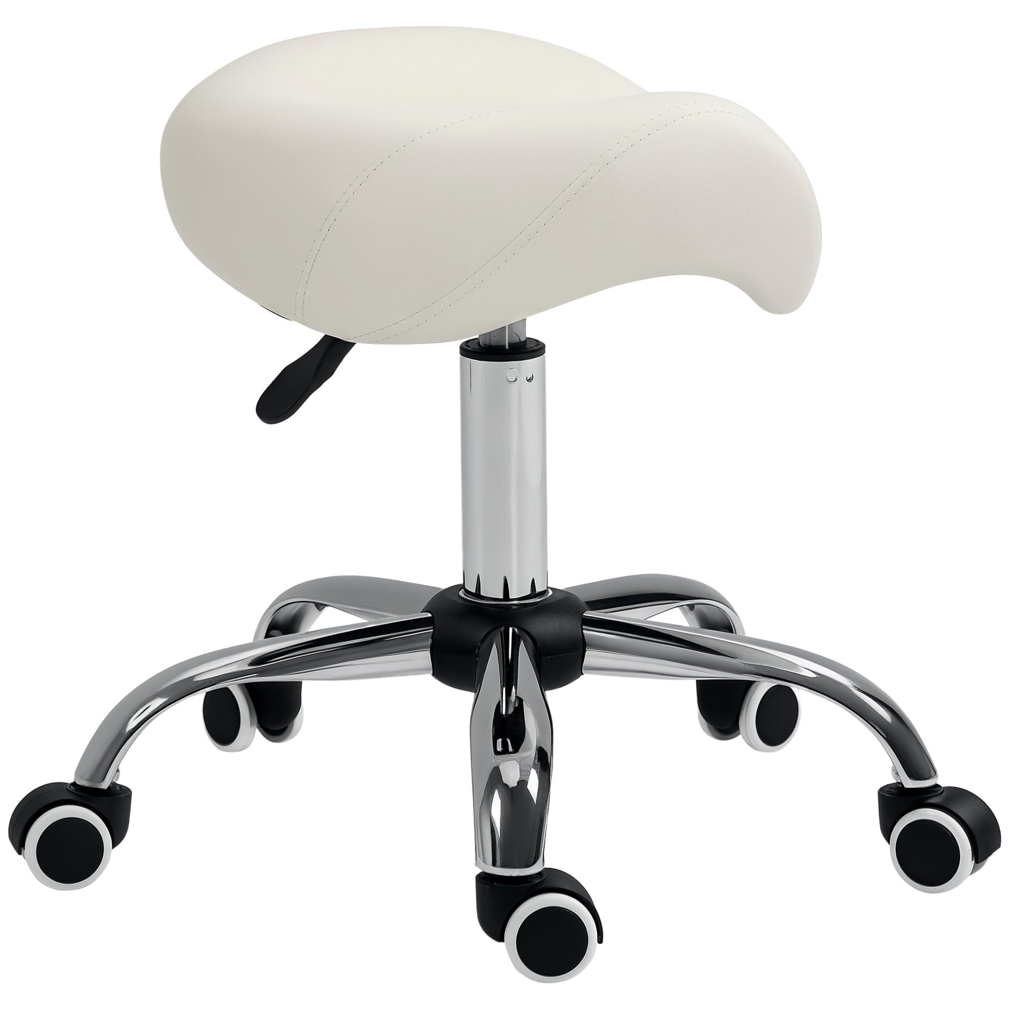HOMCOM Stool with Wheels Cosmetic Swivel Stool with Adjustable Height Padded Seat and Wide Dentist Hairdresser Load 120 kg 52 x 53 x 49-61 cm White