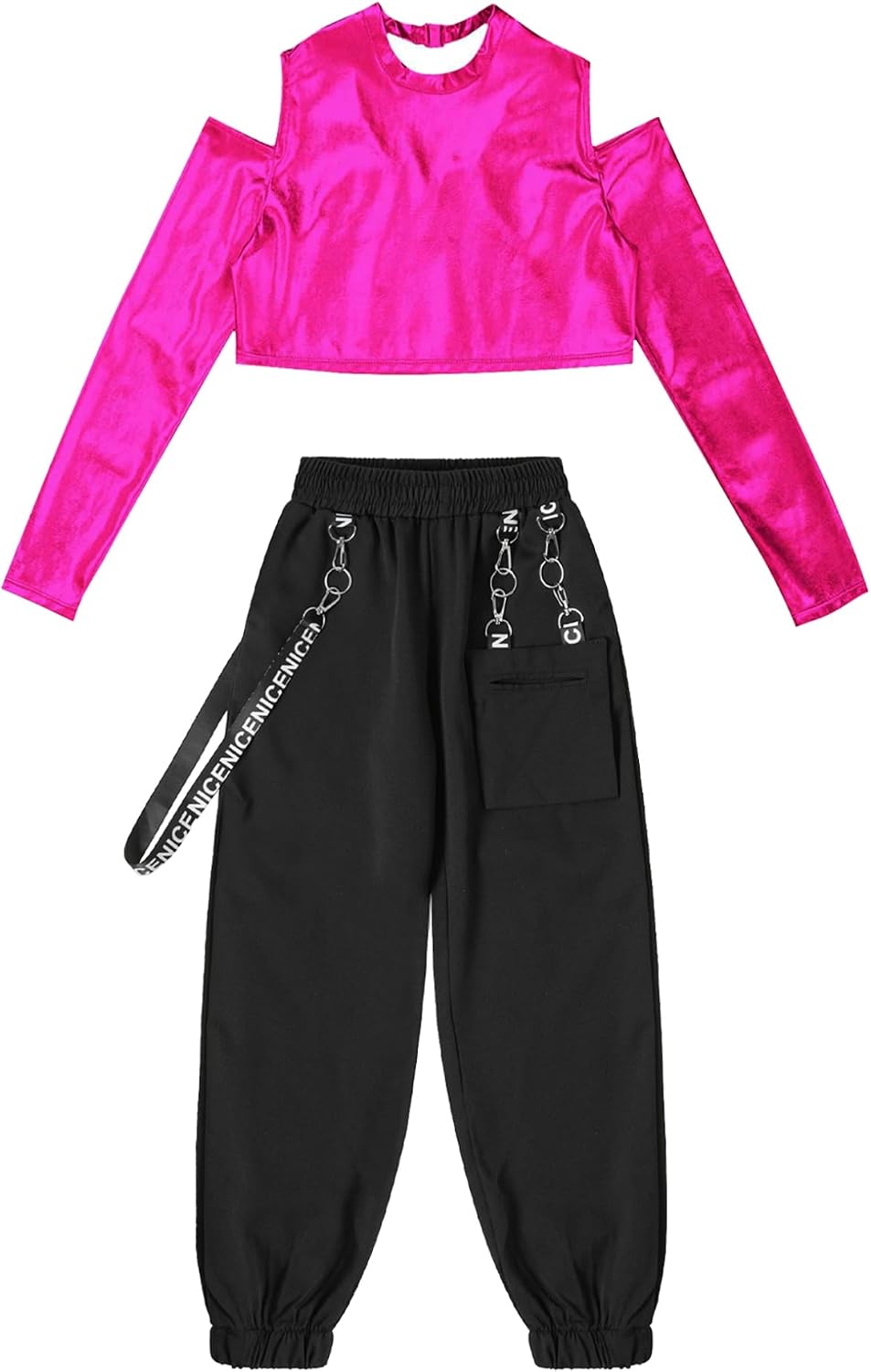 Oyolan Girls 2 Piece Tracksuit Dance Outfits Sparkly Long Sleeve Crop Top with Cargo Pants Hip-hop Dance Streetwear