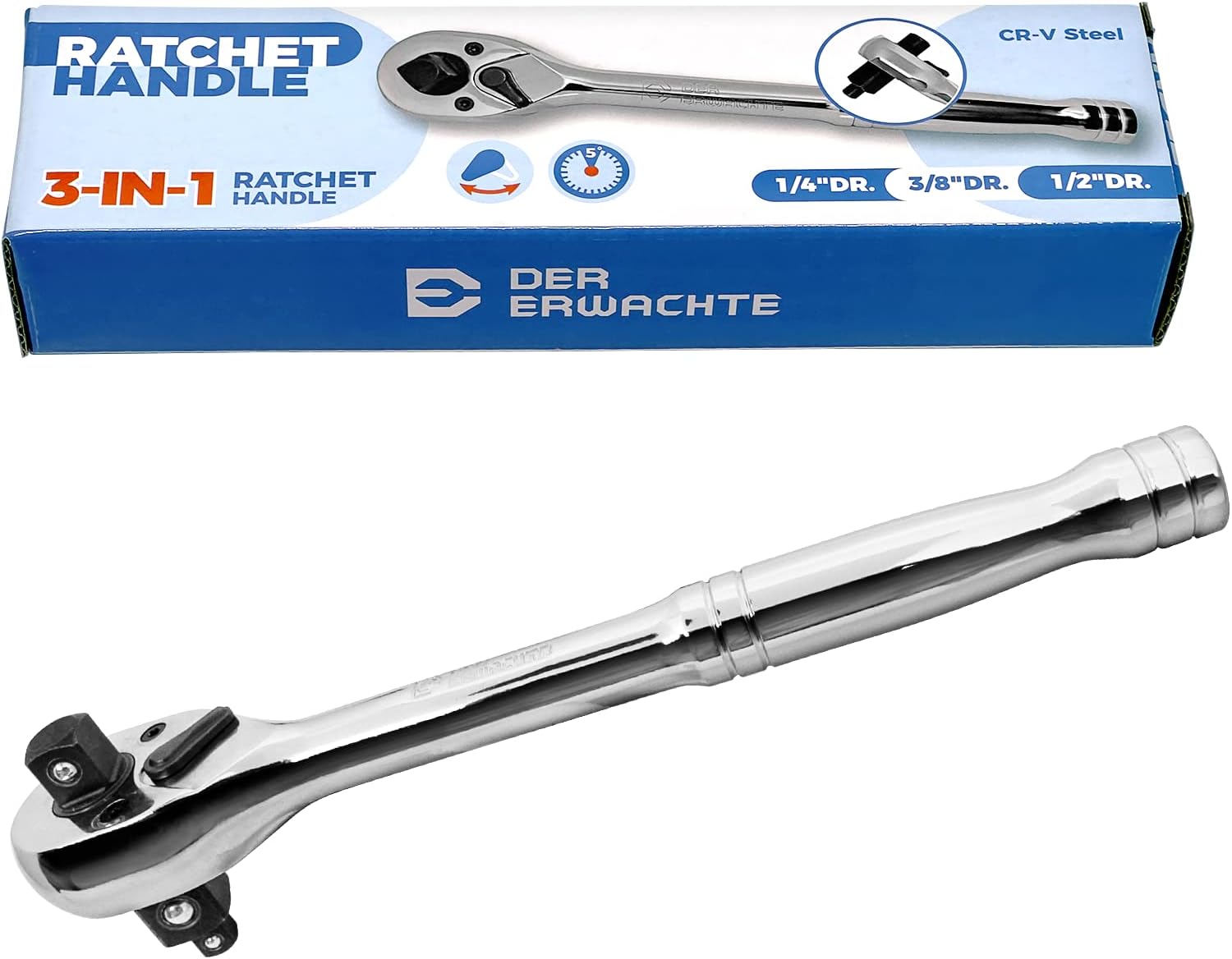 Der Erwachte 3-IN-1 Ratchet Handle, 1/4", 3/8", 1/2", Ratchet Wrench, Socket Wrench, 72-Tooth, Reversible Switch, Full-Polished Chrome Plating, Chromium Vanadium Steel