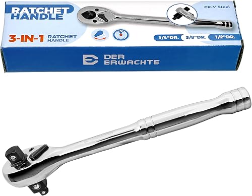 Der Erwachte 3-IN-1 Ratchet Handle | 1/4", 3/8", 1/2", Ratchet Wrench, Socket Wrench, 72-Tooth, Reversible Switch, Full-Polished Chrome Plating, Cr-V Steel