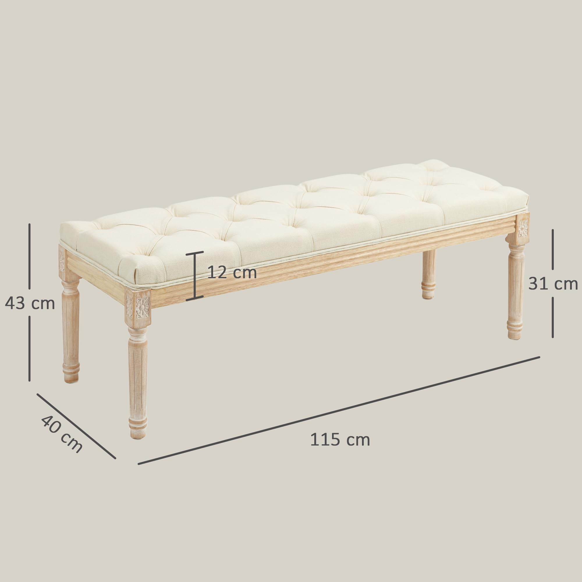 HOMCOM Banc de lit 115 cm, Banc touffeté pour Chambre à Coucher, Couloir, Salon, Blanc crème