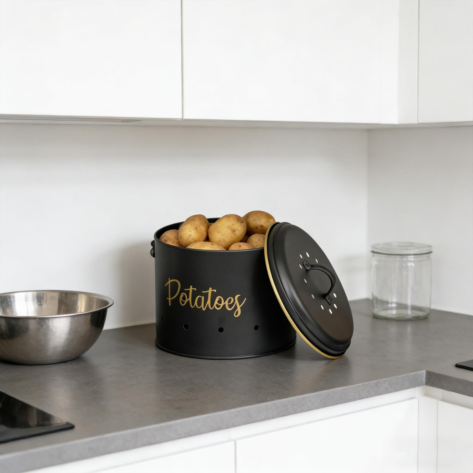 3 contenitori per Patate, cipolle, Aglio, barattoli Metallo, con Coperchio, Contenitore per Verdure da Cucina, per la conservazione degli Alimenti, Set contenitori per Verdure in Metallo