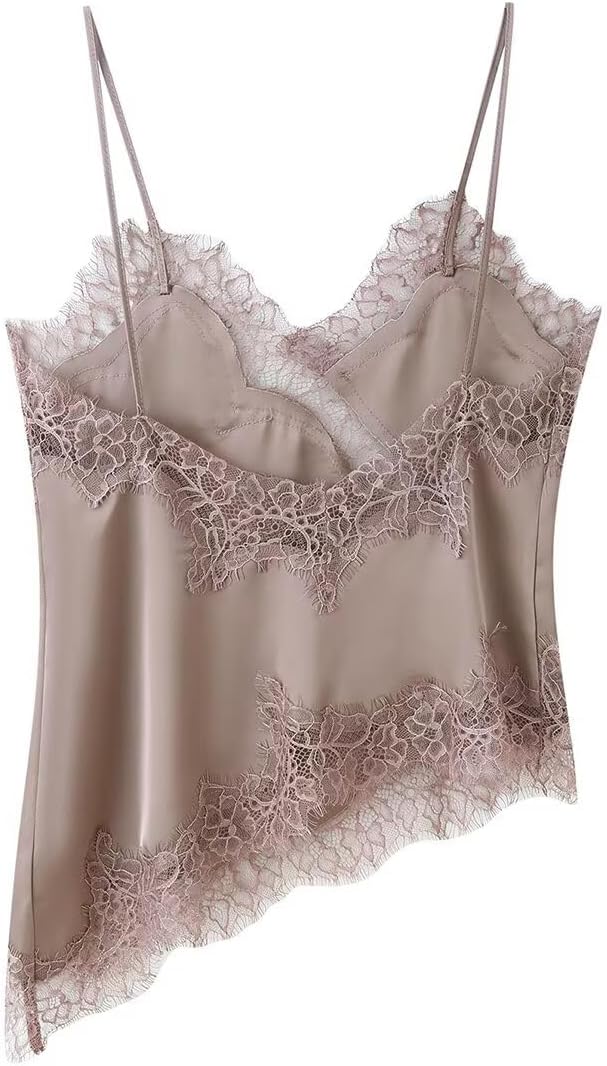 Women Lace Trim Satin Tank Top V Neck Silk Camisole Tops Asymmetrical Backless Spaghetti Strap Tank Cami Shirts - Image 5