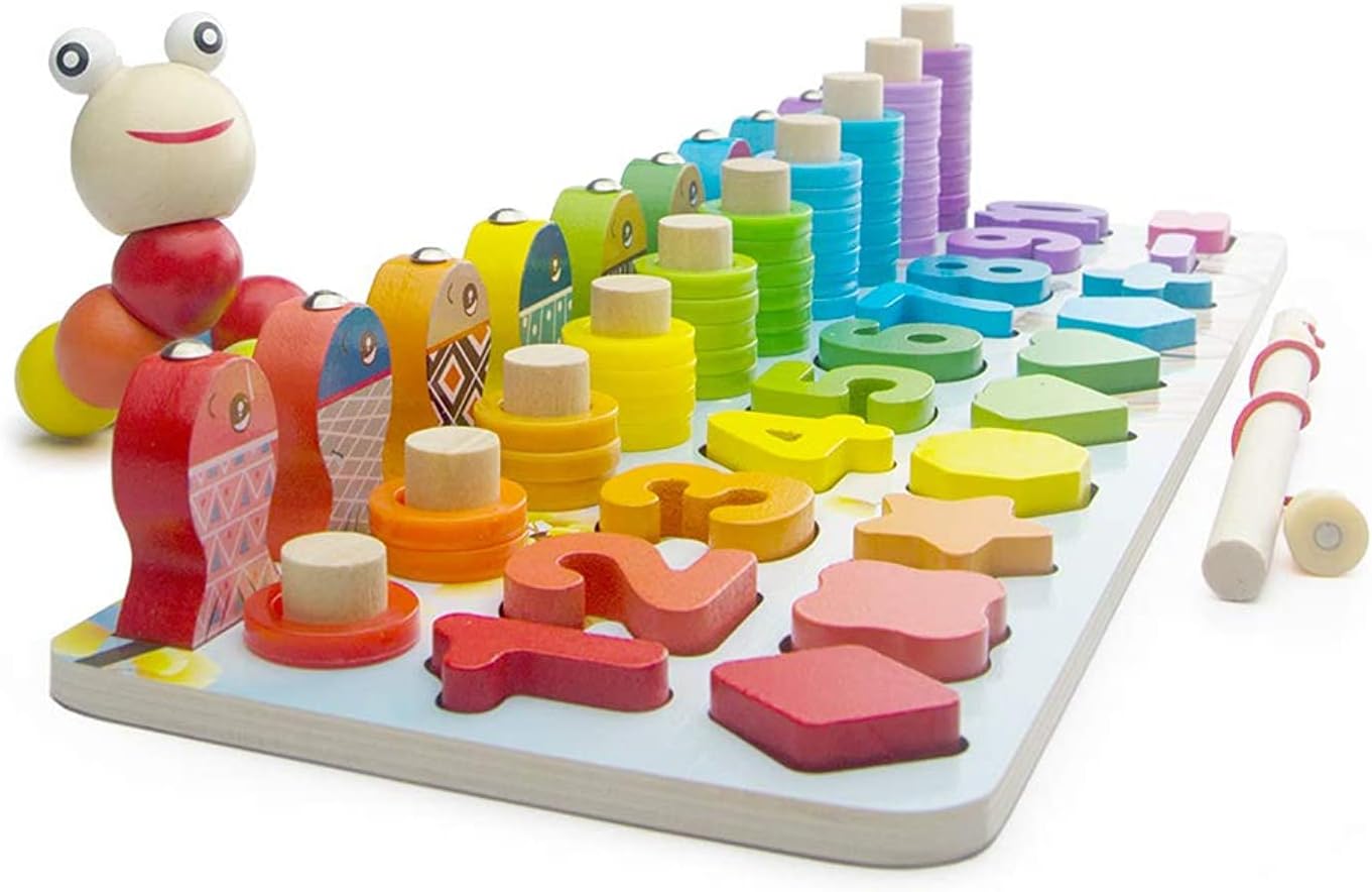 Merrily Early Educational toys,Kids Wooden Stacking Toys,Number Puzzles & Counting Board for Preschool Education 3-5 Years Old, Number& Shape& Color Toys