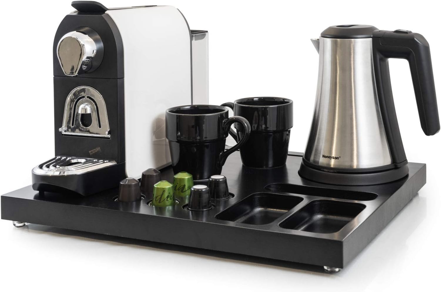 Capsule Coffee Machine Tray Set Includes Kettle 0.8L, Tray, Mugs x2, Nespresso Compatible, Capsule