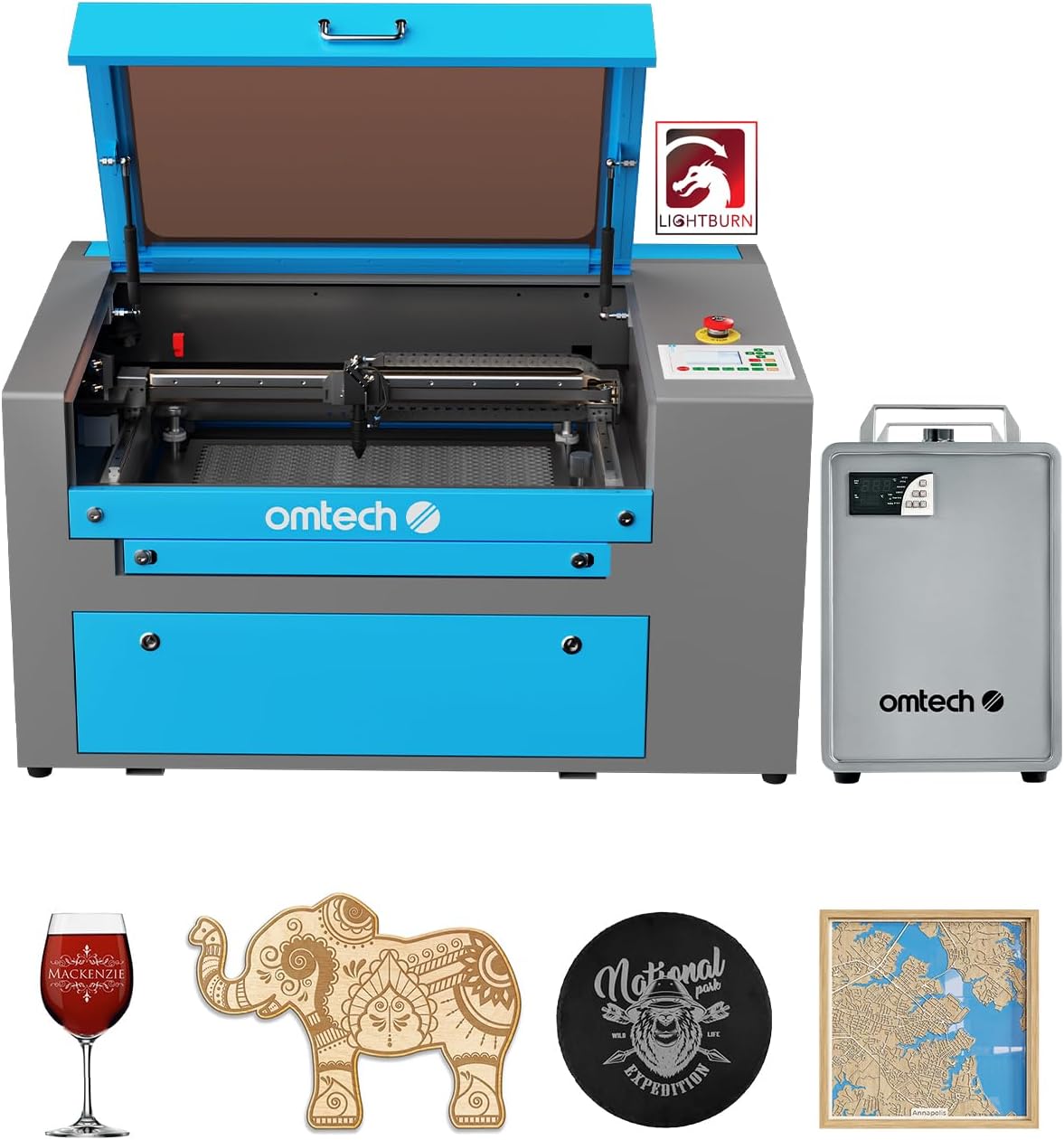 OMTech 90W CO2 Laser Engraver with LightBurn & Water Chiller, 20″x28″ Laser Engraving Cutting Machine with 4 Way Pass Through Air Assist Caster Wheel, Commercial Laser Cutter for Wood Glass Acrylic