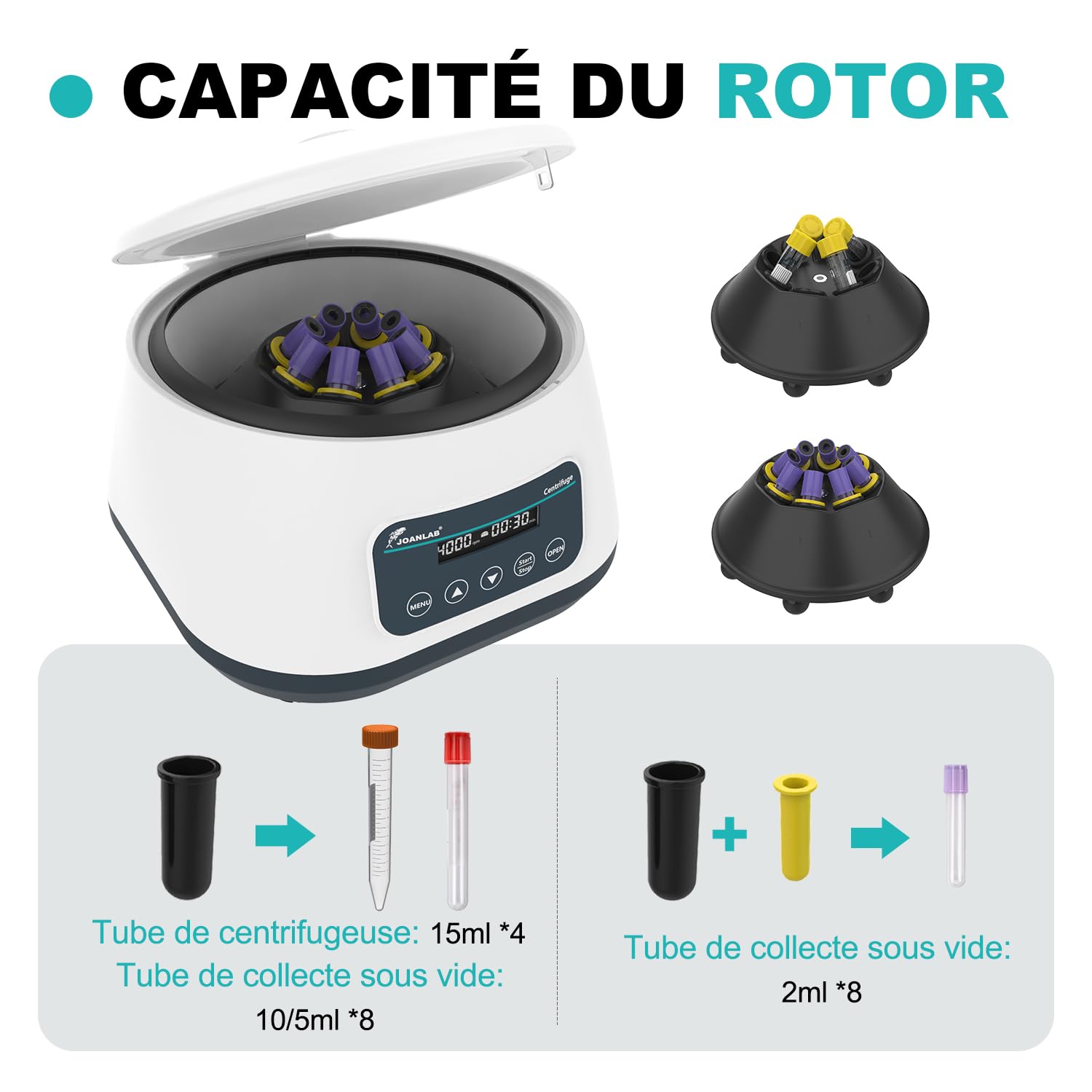 JOANLAB Machine à centrifuger de laboratoire 2 ml/5 ml/10 ml x 8, 15 ml x 4 centrifugeuses de table basse vitesse 500-4000 tr/min, 2180 x g RCF Digital Benchtop centrifugeuse avec minuterie