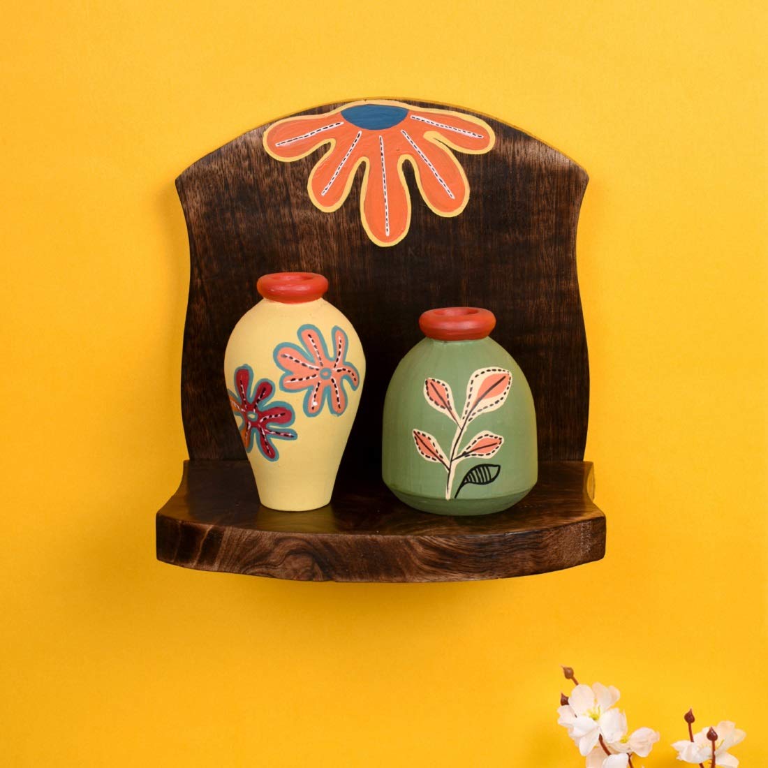 Aakriti Art Creations Wall Decor Wooden Shelf with 2 Pots Madhubani Art? (6.5x5x7)