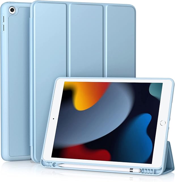 Vobafe Case Compatible with iPad 9th Generation 2021/8th Generation 2020/7th Generation 2019, Flexible TPU Back Protective Cover for iPad 10.2 Inch with Pencil Holder Auto Wake/Sleep LightBlue