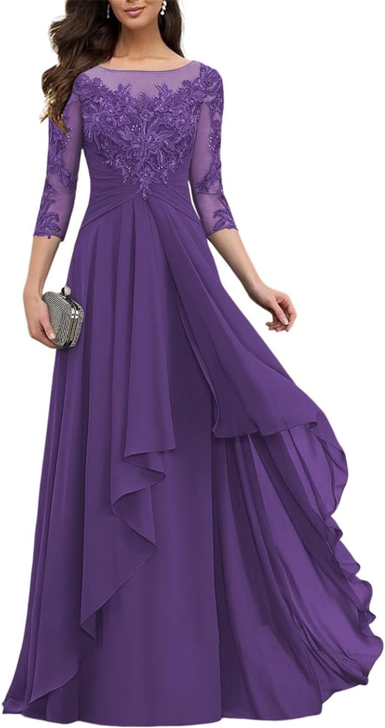Yiann Women's Purple Lace Applique Chiffon Mother Of The Bride Dresses For Wedding Plus Size Formal Dress With Sleeves Uk26