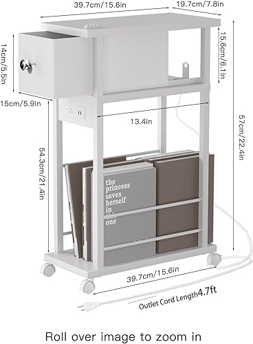 Miniatura 3 de Mesa auxiliar con estación de carga y cajón, mesa auxiliar estrecha con puertos USB y salidas para espacio pequeño, sala de estar, dormitorio y
