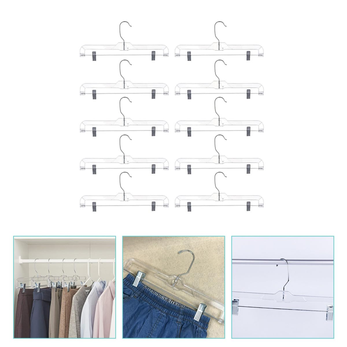 10 perchas transparentes para faldas y pantalones con clips, diseño ergonómico multifuncional y gancho giratorio para armario y exhibición minorista