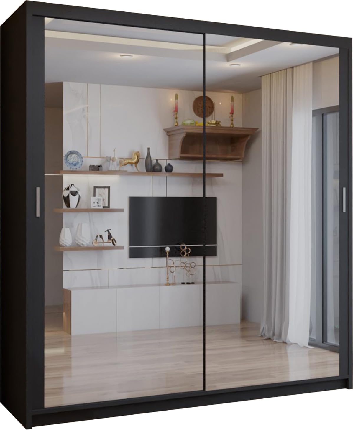 SLIDING WARDROBE 4U Double Mirror Sliding Door Wardrobe with LED LIGHT 90/120/150/180/203 (Black, 90cm)
