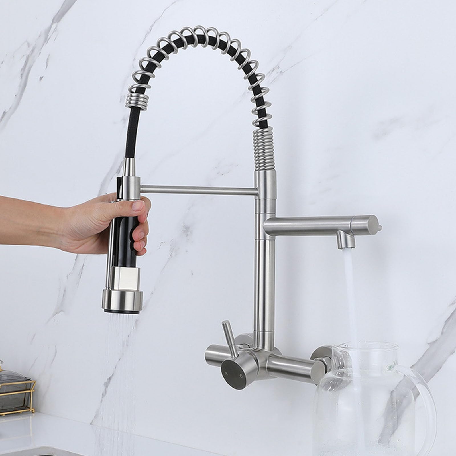 Grifo Cocina Extraible Muelle Grifo Fregadero de Pared Monomando de 15 cm de Acero Inoxidable,Cepillado