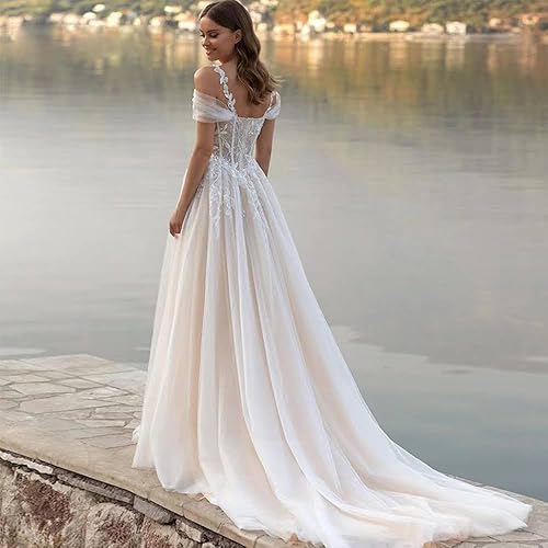 Miniatura 4 de Vestidos de novia con hombros descubiertos para mujer 2024 apliques de encaje vestidos largos de tul para novia, 7blanco
