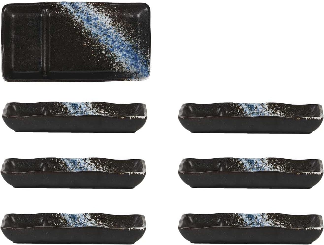 Sushi Plate with Sauce Compartment, Rectangular Ceramic Serving Plate for Sushi, Chips, Salad,Black,6pcs