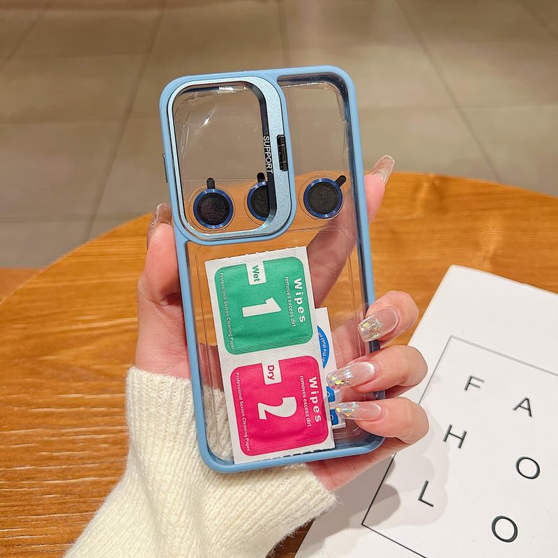 Image of Clear Case for Samsung Galaxy S25 Plus | Metal Lens Protector & 180 Rotating Bracket | Shockproof Transparent Hard Back Cover with Soft TPU Frame - Sierra Blue