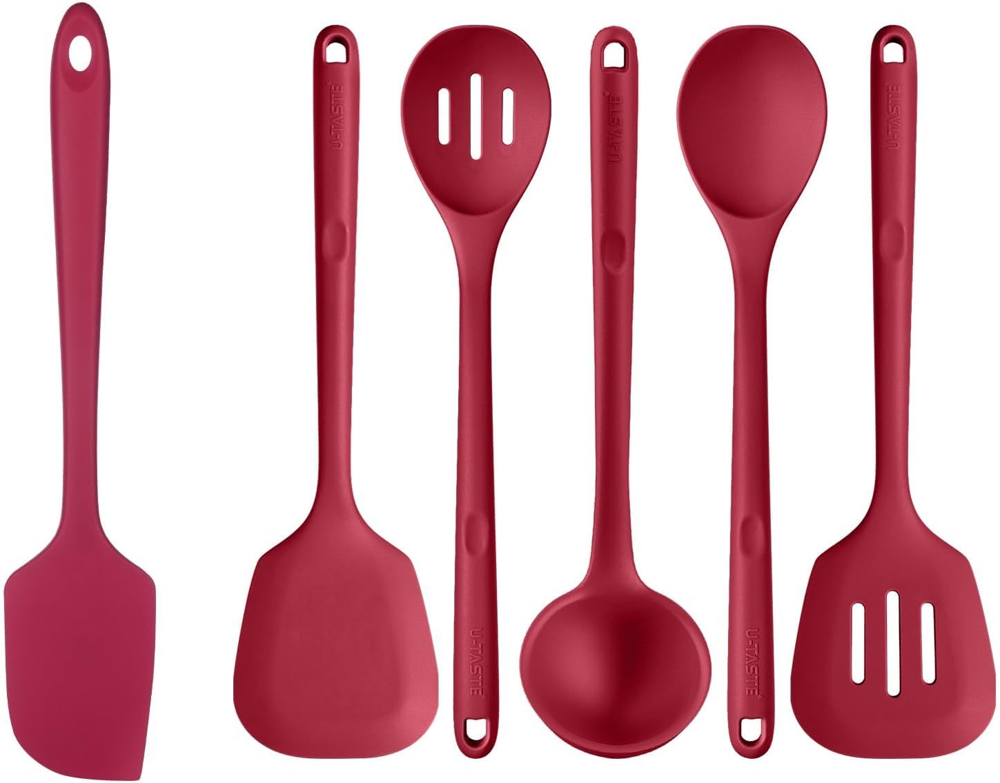U-Taste 600ºF Heat Resistant BPA Free 14in Extra Long Silicone Spatula (Red), and 600℉ Heat Proof BPA-Free Solid/Slotted Sturdy Cooking Utensil Set of 5 for Non Stick Cookware, Red