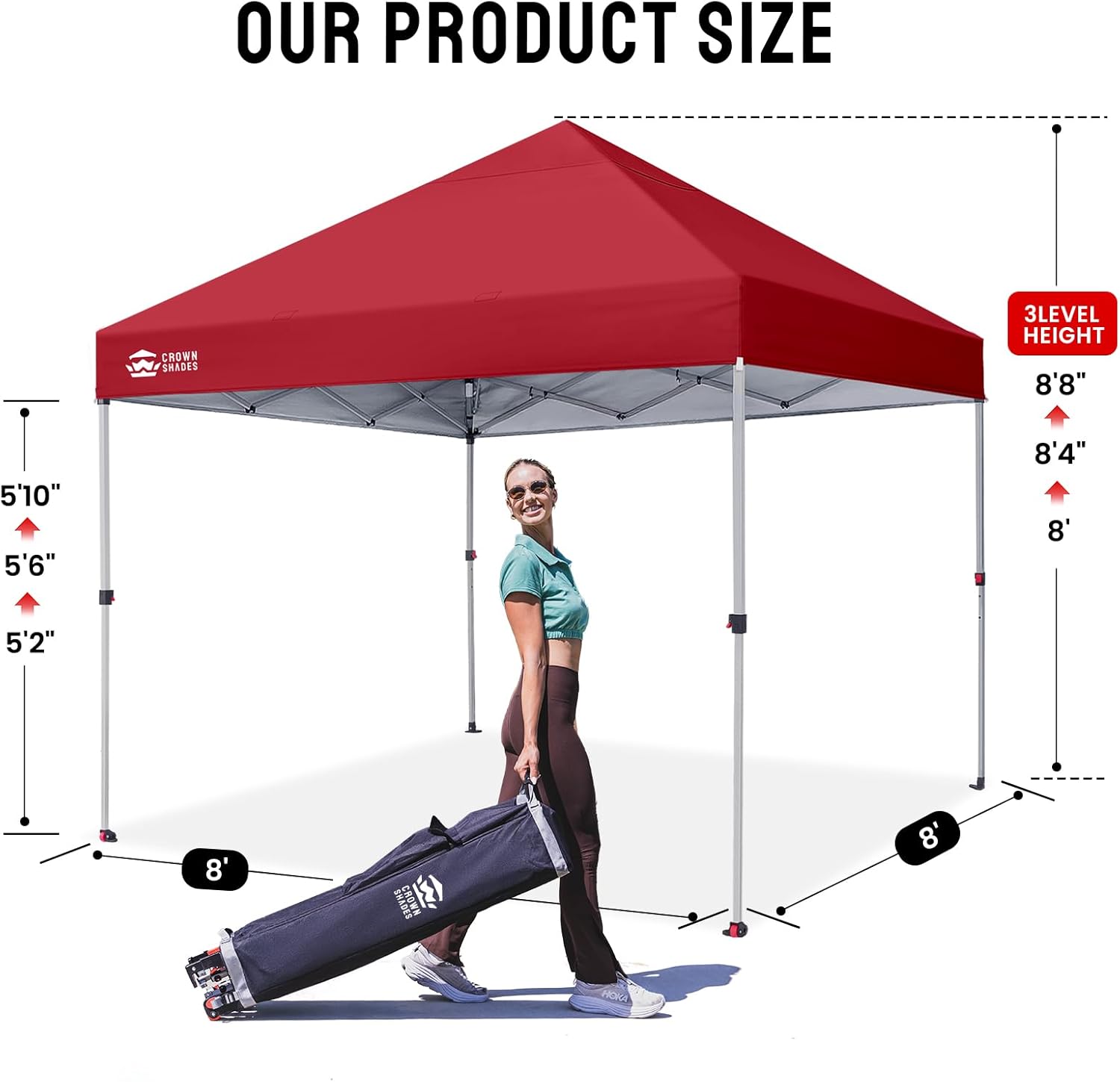 CROWN SHADES 8x8 Pop Up Canopy - Beach Tent with One Push Setup - Easy Outdoor Sun Shade for Events, Parties, Camping - Gazebo with STO-N-Go Cover Bag, Silver Coated Top, Red