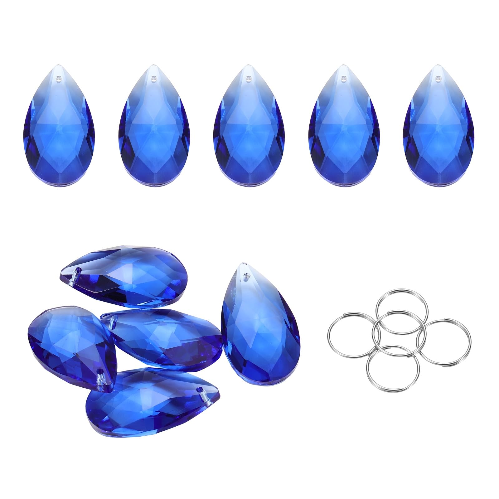 sourcing map 5Pcs Teardrop Crystal Beads, 38mm K9 Glass Hanging Chandelier Bead Prisms Part with 304 Stainless Steel Ring for Crystal Chandelier Lamp Pendant Jewelry, Blue