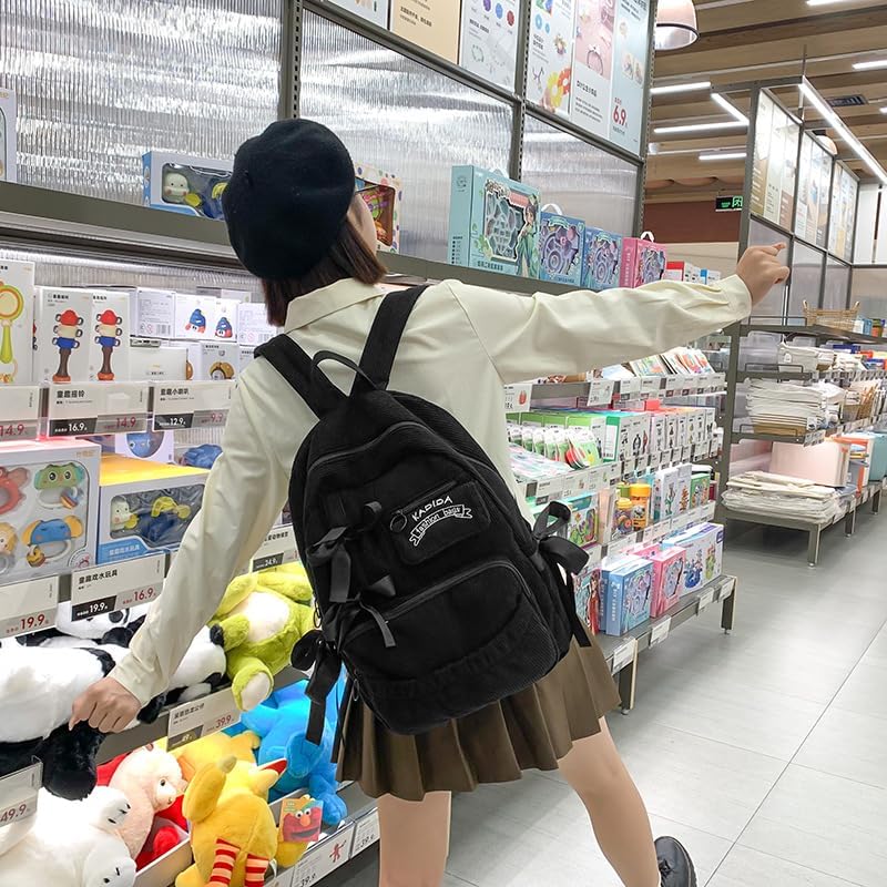 Cute Coquette Corduroy Backpack Bow Tie Large Korean Travel Book Bag College Aesthetic Preppy Daypack for Women (Black) - Image 3