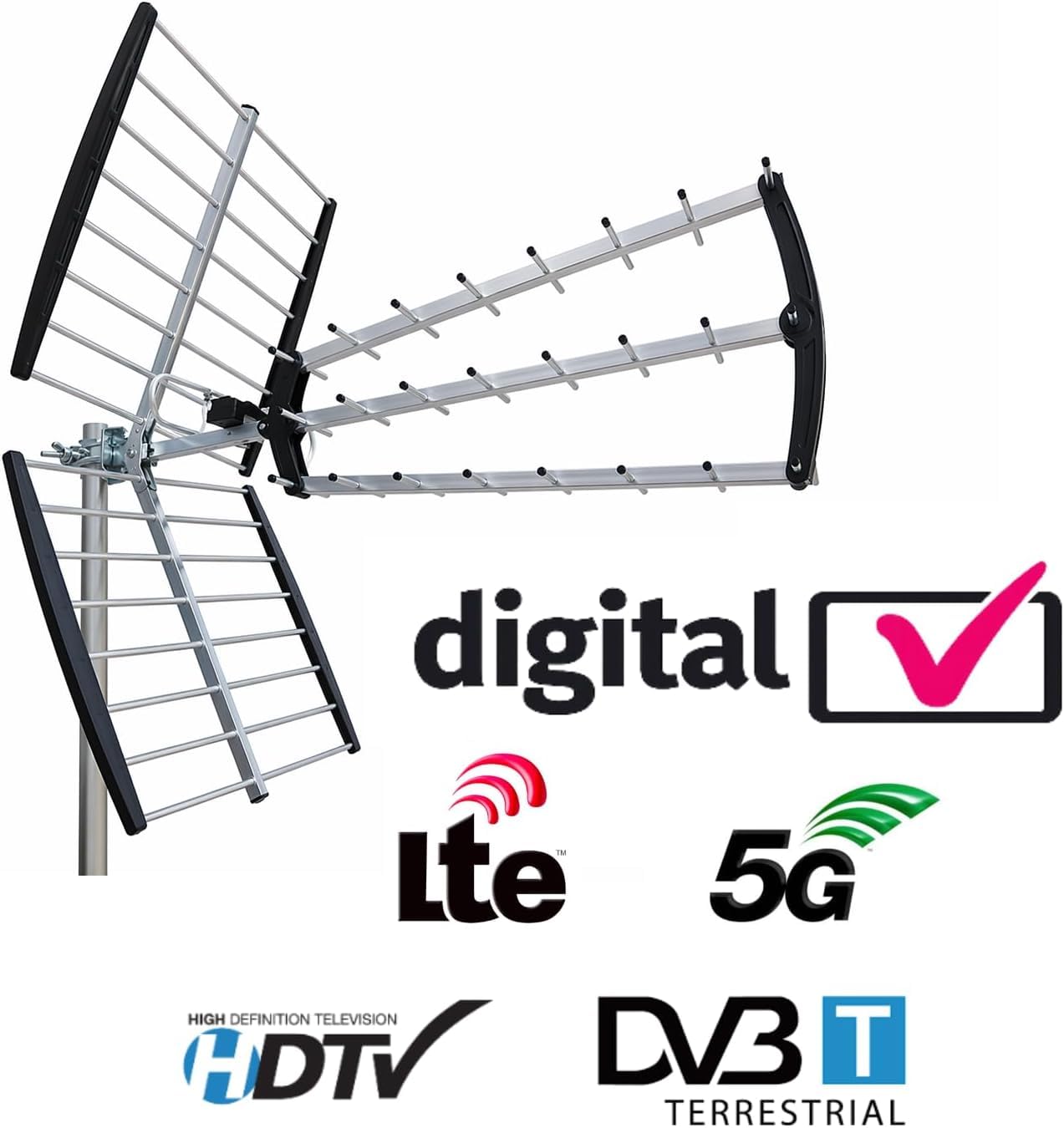 Set 10 pezzi - Antenna UHF professionale 18dB a 27 elementi con filtro LTE 5G - Argento e Nero