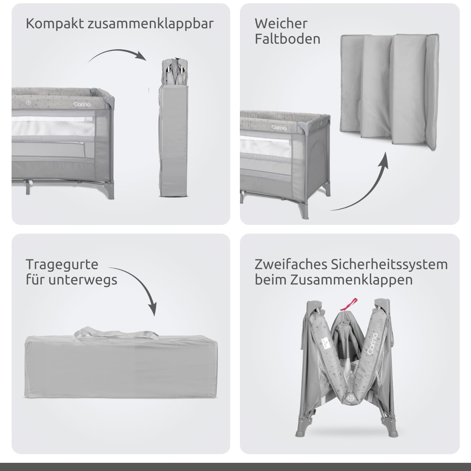 Lorelli 2 in 1 Babybett und Laufstall Carina 2 Ebenen mit Neugeborenen Einsatz und Seiteneingang, Kinderbett ab Geburt bis 15 kg, Baby Reisebett, faltbar inkl. Transporttasche, Grau