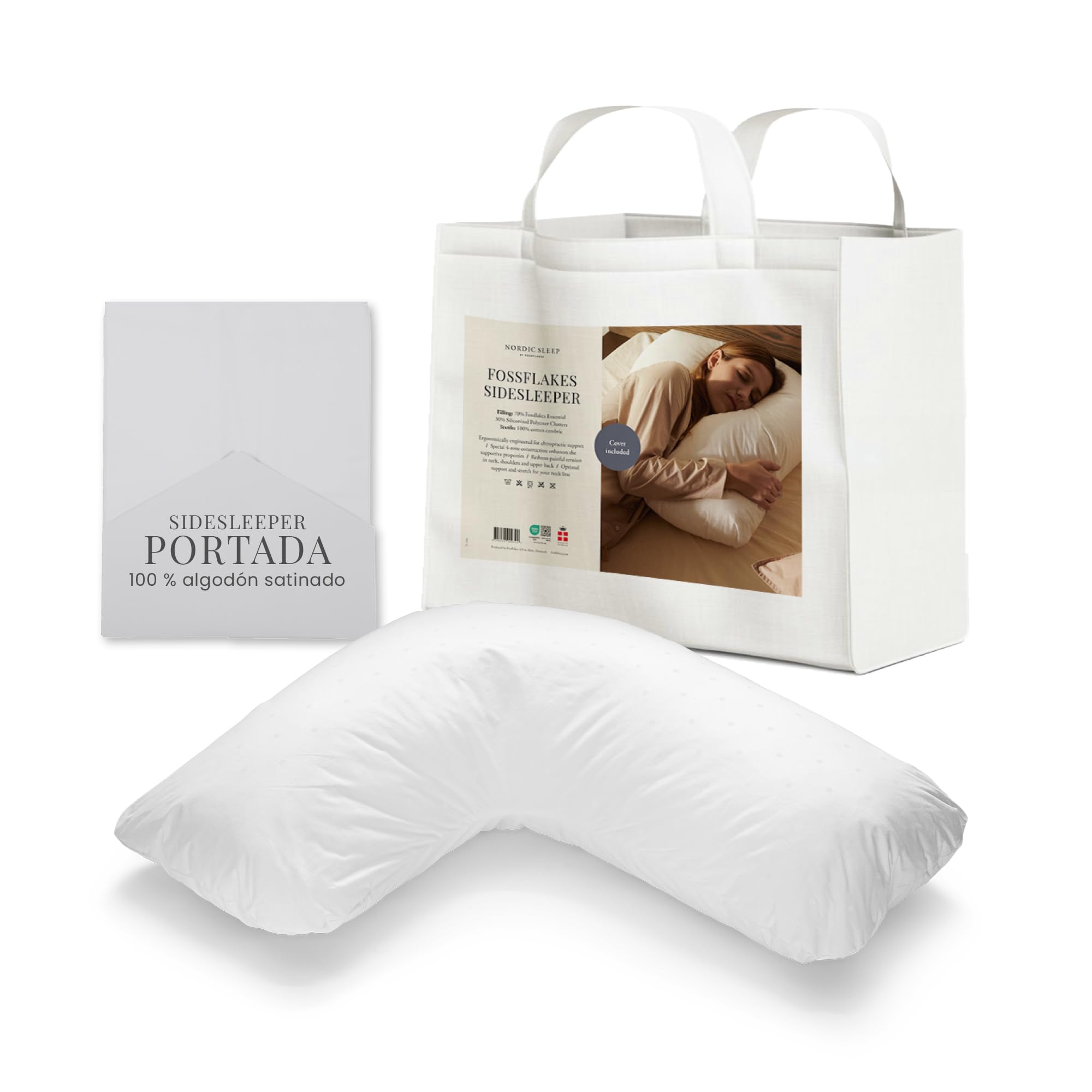 FOSSFLAKES Almohada para Dormir de Lado con Funda, Ergonómica Cervical | Almohada ergonómica para dormir de lado, con relleno Fossflakes y funda lavable; apoyo para cuello y espalda, 76x66x35 cm