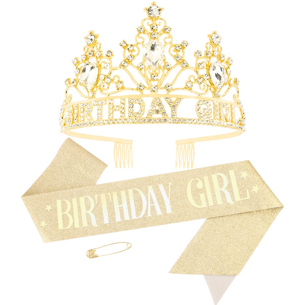 AHONEY Gold Birthday Girl Crown and Glitter Sash for Women and Girls Tiara Birthday Accessories for Parties Favors and Decorations, 2 Pack