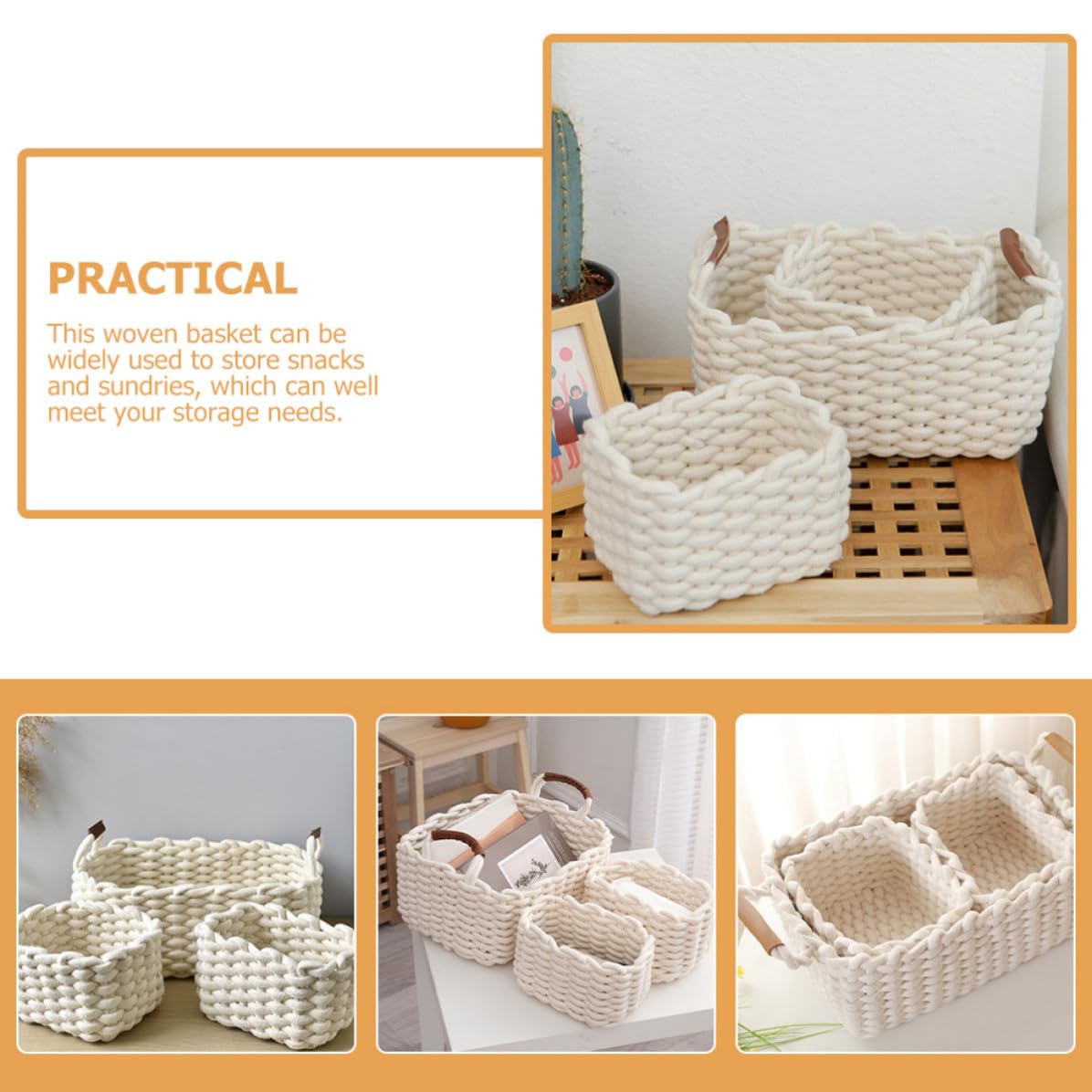Cesta Portaoggetti Intrecciata in Corda di Cotone Bianca, Set 3 Pezzi | Manico in Cuoio, per Casa e Scaffale, Formato Piccolo e Grande, Adatta a Oggetti Vari